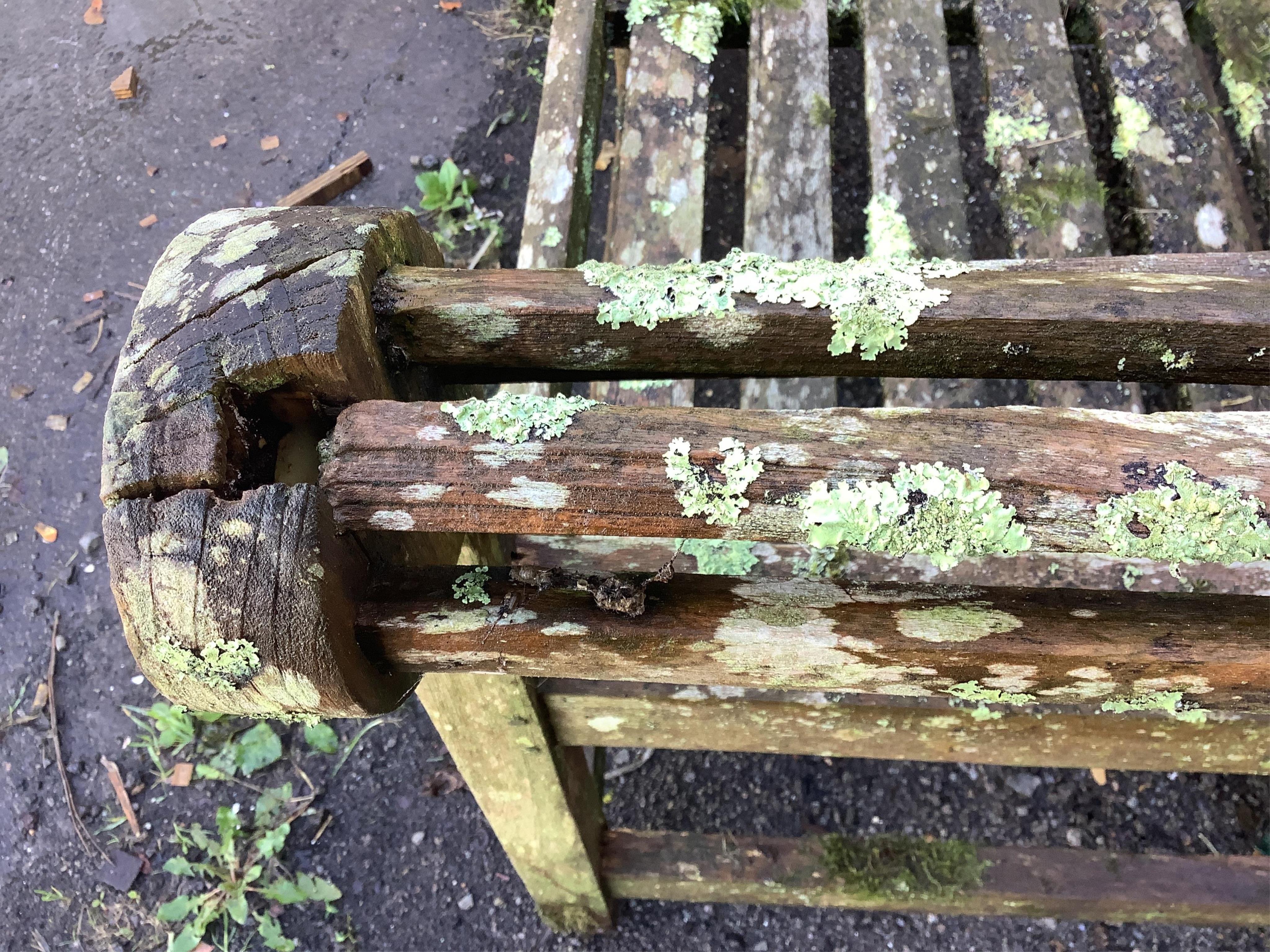 A weathered teak Lutyens style garden bench, width 165cm, depth 58cm, height 103cm. Condition - poor, covered in moss and lichen